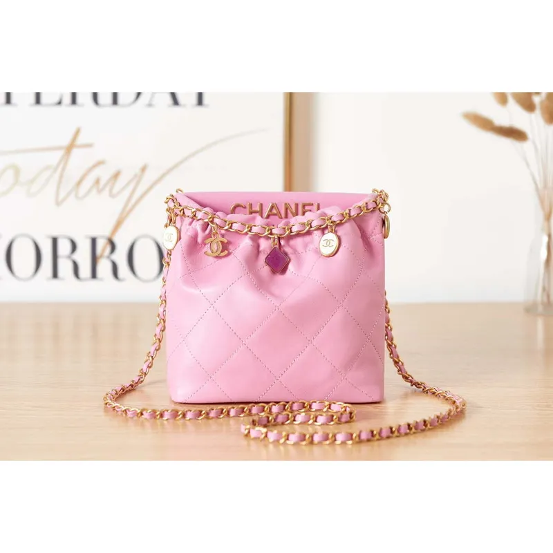 Chanel AS3793 Small Bucket Bag Lambskin Resin & Gold Tone Metal Pink