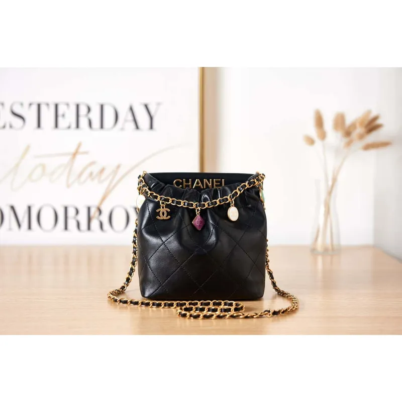 Chanel AS3793 Small Bucket Bag Lambskin Resin & Gold Tone Metal Black