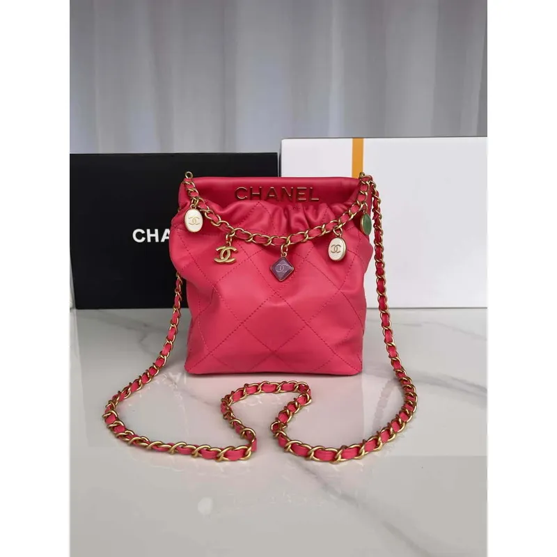 Chanel AS3793 Small Bucket Bag Lambskin Resin & Gold Tone Metal Red