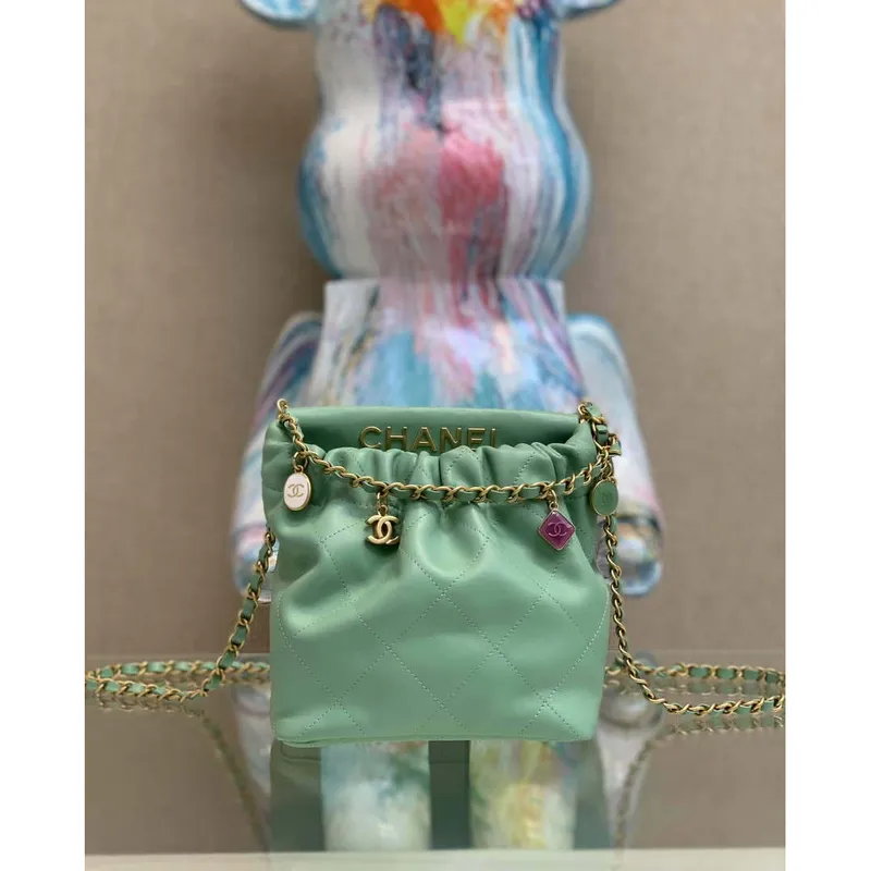 Chanel AS3793 Small Bucket Bag Lambskin Resin & Gold Tone Metal Light Green