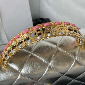 Chanel AS3886 Mini Flap Bag With Top Handle Shiny Silver Calfskin Gold