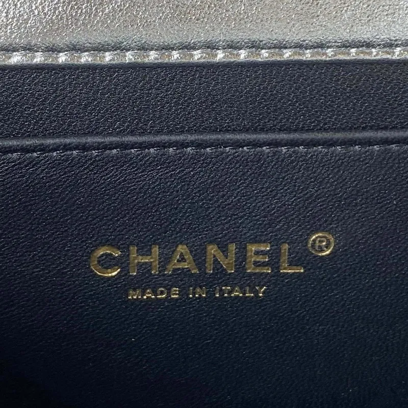 Chanel AS3886 Mini Flap Bag With Top Handle Shiny Silver Calfskin Gold