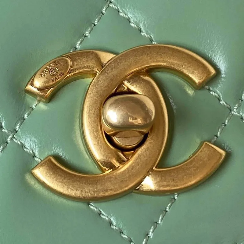Chanel AS3886 Mini Flap Bag With Top Handle Shiny Calfskin Green Gold