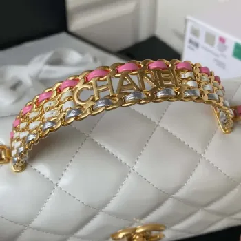 Chanel AS3886 Mini Flap Bag With Top Handle Shiny Calfskin White Gold