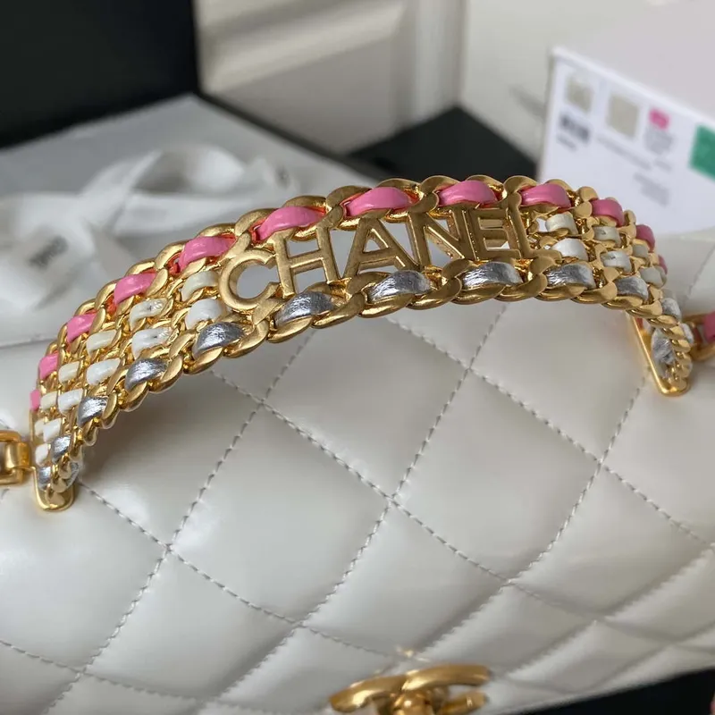 Chanel AS3886 Mini Flap Bag With Top Handle Shiny Calfskin White Gold