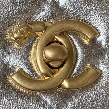 Chanel AS3908 CC Small Flap Bag With Top Handle Shiny Silver Calfskin Gold