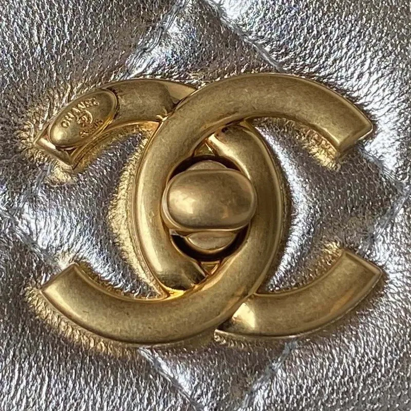 Chanel AS3908 CC Small Flap Bag With Top Handle Shiny Silver Calfskin Gold