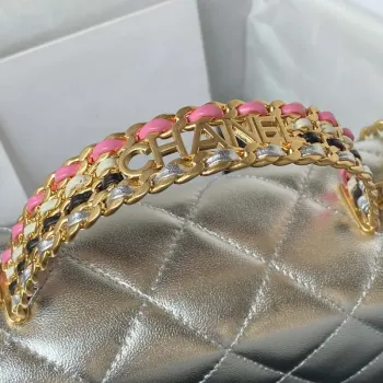 Chanel AS3908 CC Small Flap Bag With Top Handle Shiny Silver Calfskin Gold