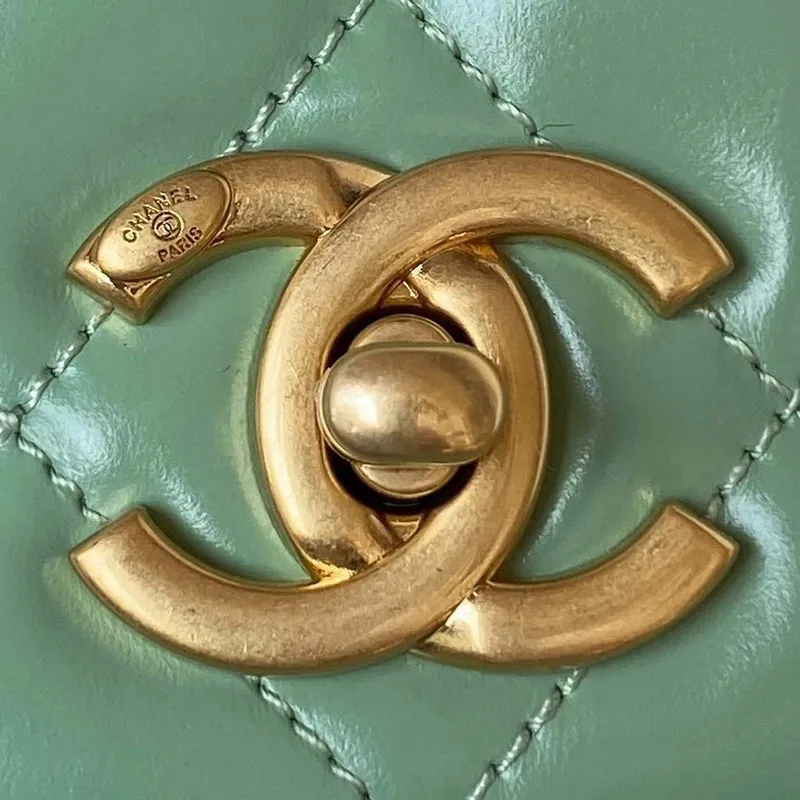 Chanel AS3908 CC Small Flap Bag With Top Handle Shiny Calfskin Green Gold