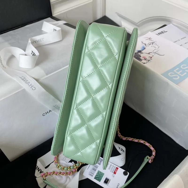 Chanel AS3908 CC Small Flap Bag With Top Handle Shiny Calfskin Green Gold