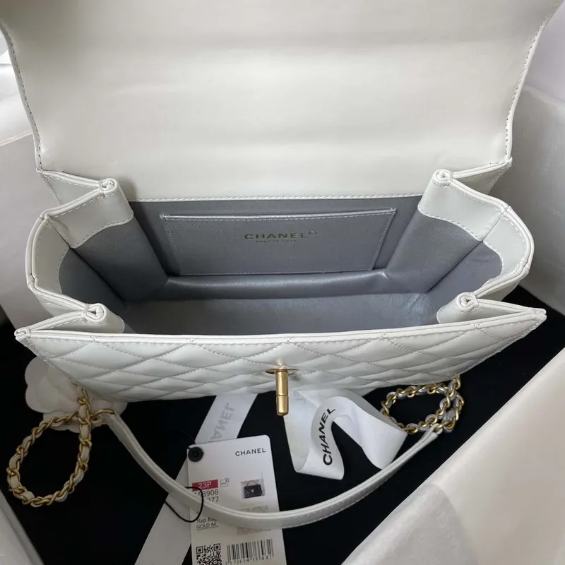 Chanel AS3908 CC Small Flap Bag With Top Handle Shiny Calfskin White Gold