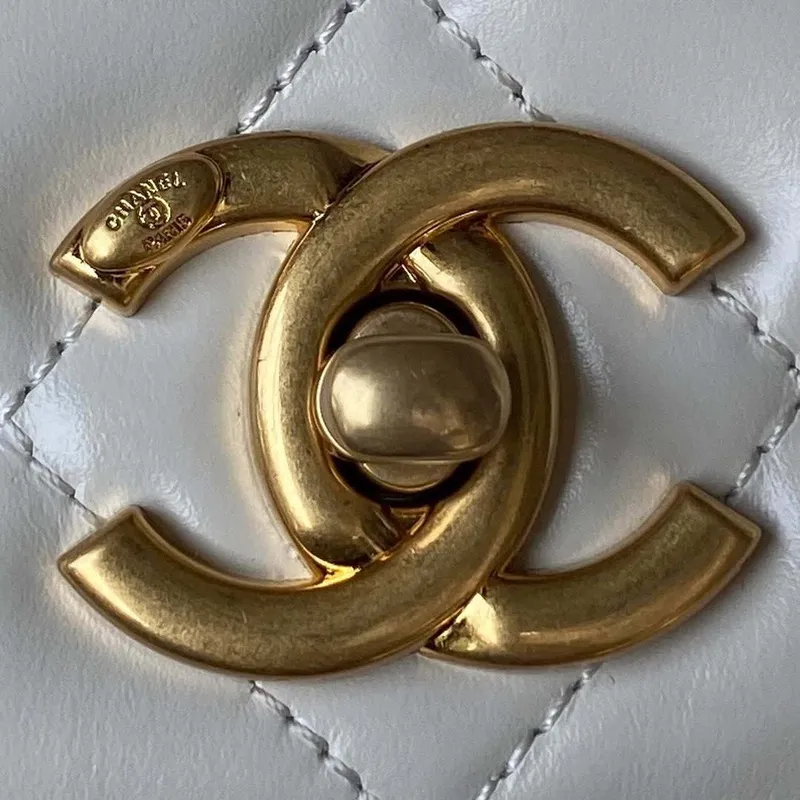 Chanel AS3908 CC Small Flap Bag With Top Handle Shiny Calfskin White Gold