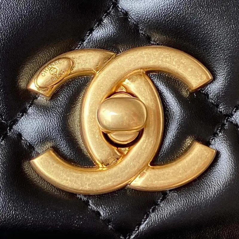 Chanel AS3908 CC Small Flap Bag With Top Handle Shiny Calfskin Black Gold