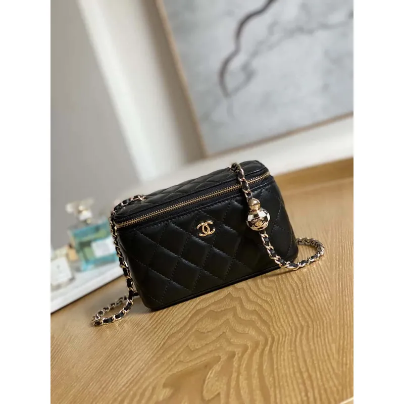 Chanel A81242 Vanity with chain Lambskin Gold football Black
