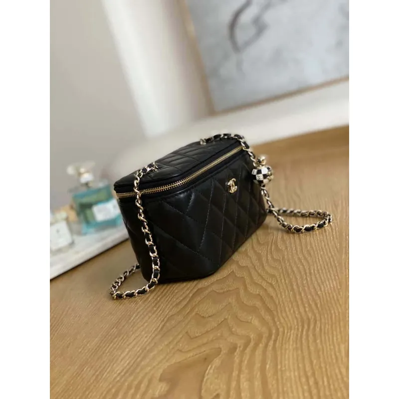 Chanel A81242 Vanity with chain Lambskin Gold football Black