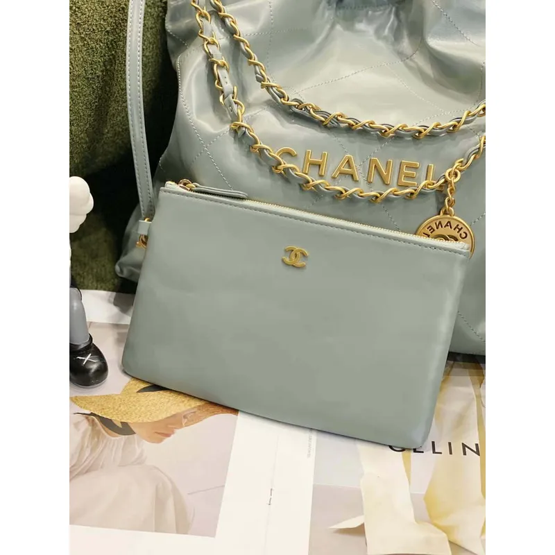 Chanel 22 Handbag Shiny Calfskin AS3261 Light Green Gold