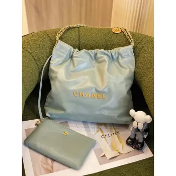 Chanel 22 AS3260 Small Handbag Shiny Calfskin Light Green Gold