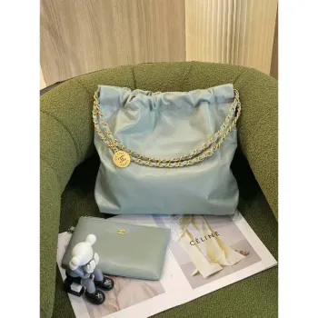 Chanel 22 AS3260 Small Handbag Shiny Calfskin Light Green Gold