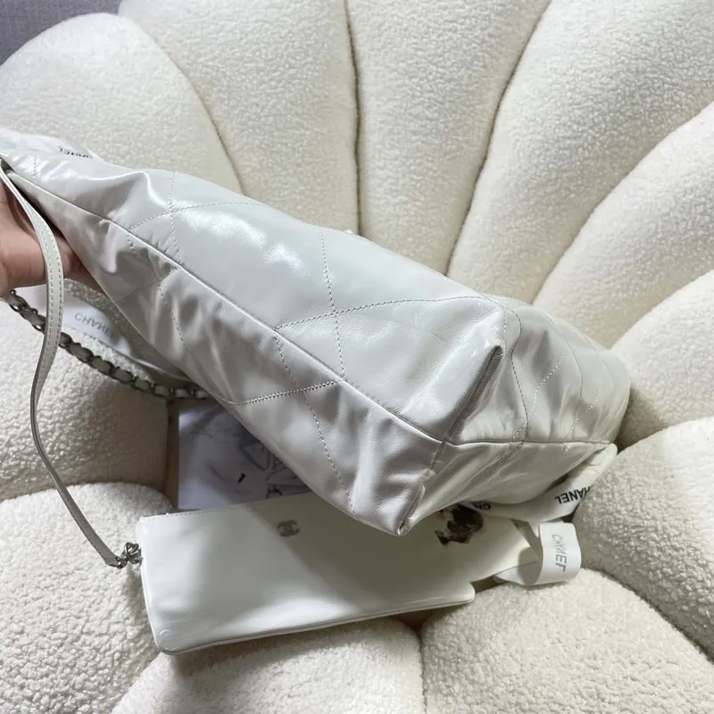 Chanel 22 Large Handbag Shiny Calfskin AS3262 White with Silver Logo