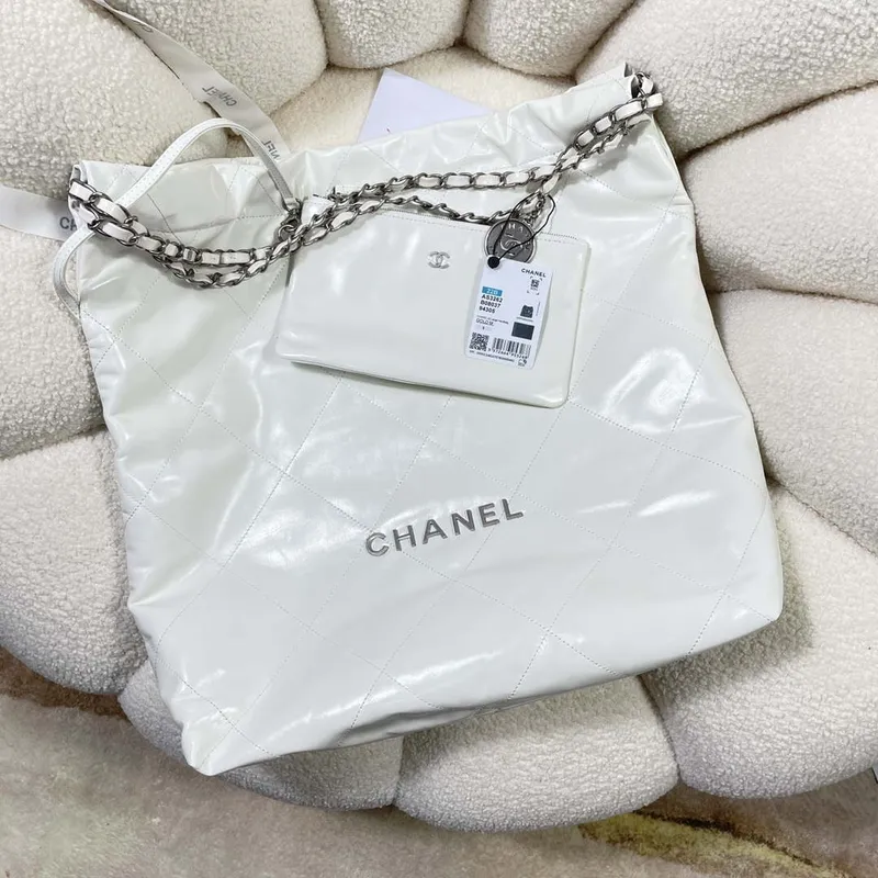 Chanel 22 Large Handbag Shiny Calfskin AS3262 White with Silver Logo