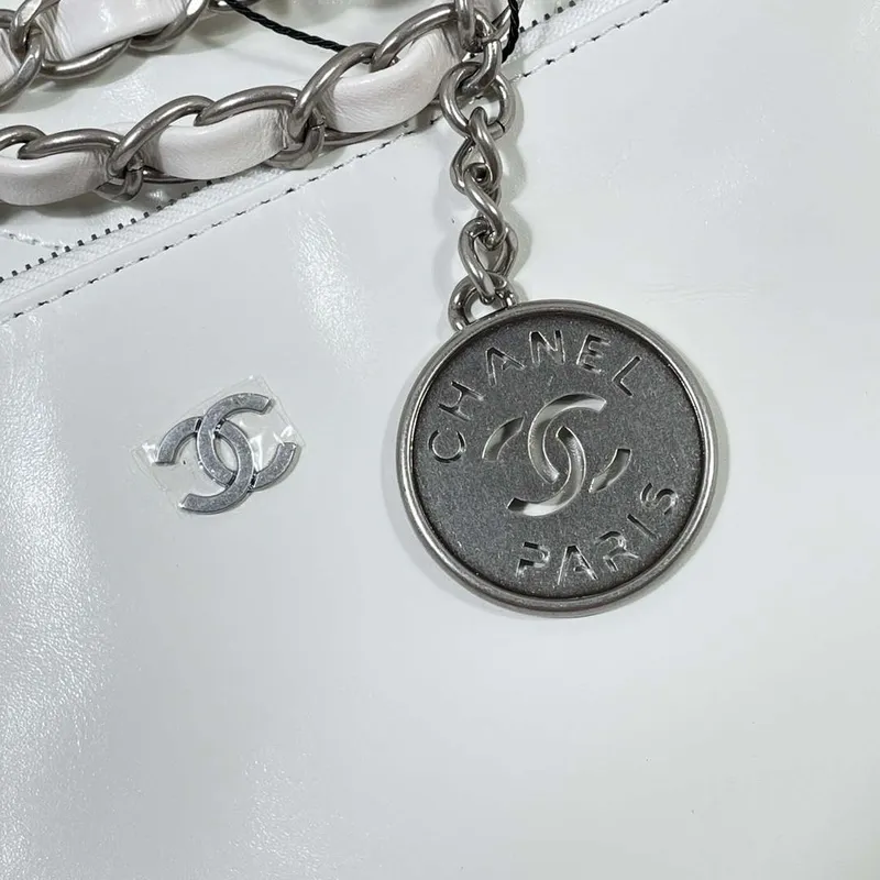 Chanel 22 Large Handbag Shiny Calfskin AS3262 White with Silver Logo