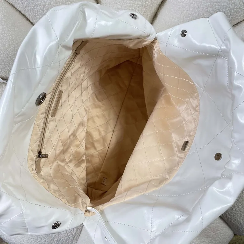 Chanel 22 Large Handbag Shiny Calfskin AS3262 White with Silver Logo