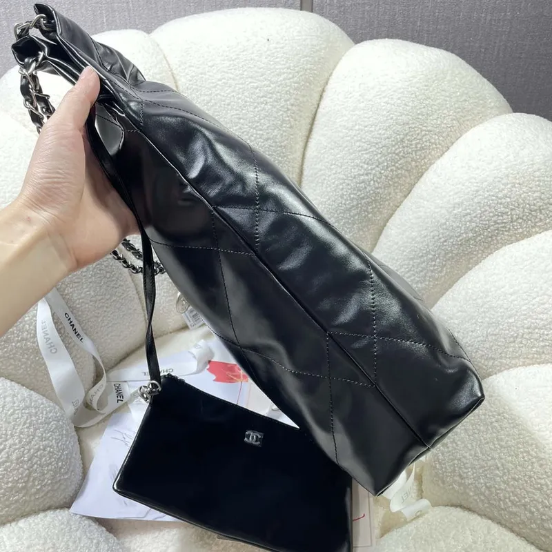 Chanel 22 Large Handbag Shiny Calfskin AS3262 Black with Silver Logo