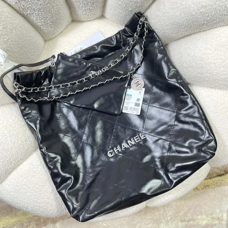Chanel 22 Large Handbag Shiny Calfskin AS3262 Black with Silver Logo