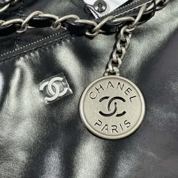 Chanel 22 Large Handbag Shiny Calfskin AS3262 Black with Silver Logo