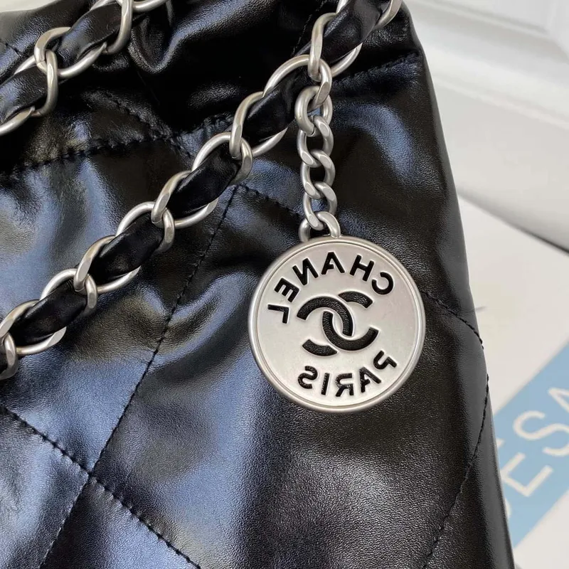 Chanel 22 Handbag Shiny Calfskin Gold AS3261 Black with Silver Logo