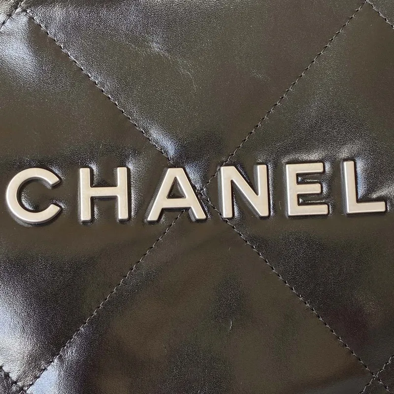 Chanel 22 Handbag Shiny Calfskin Gold AS3261 Black with Silver Logo