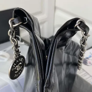 Chanel 22 Handbag Shiny Calfskin Gold AS3261 Black with Silver Logo