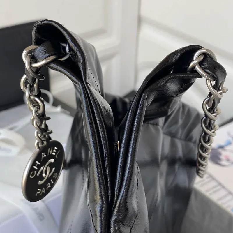 Chanel 22 Handbag Shiny Calfskin Gold AS3261 Black with Silver Logo