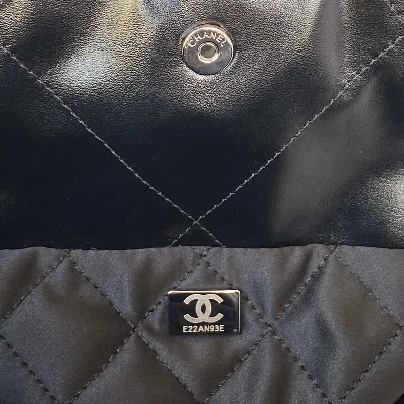 Chanel 22 Handbag Shiny Calfskin Gold AS3261 Black with Silver Logo