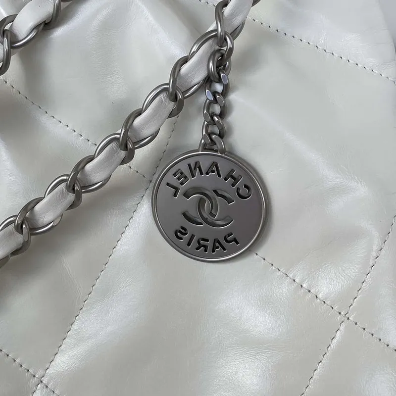 Chanel 22 Handbag Shiny Calfskin Gold AS3261 White with Silver Logo