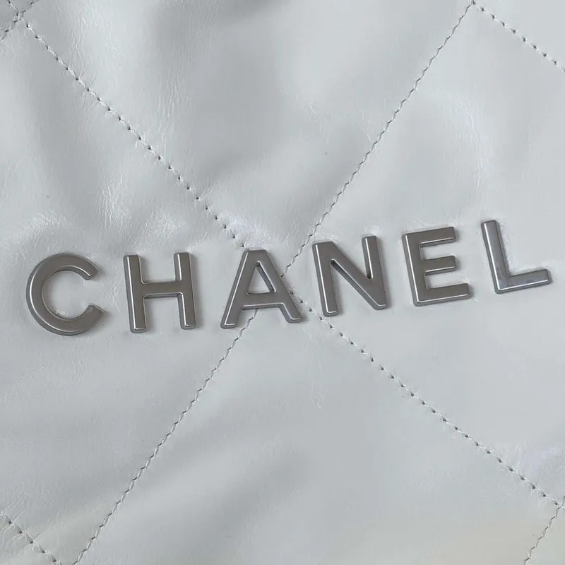 Chanel 22 Handbag Shiny Calfskin Gold AS3261 White with Silver Logo