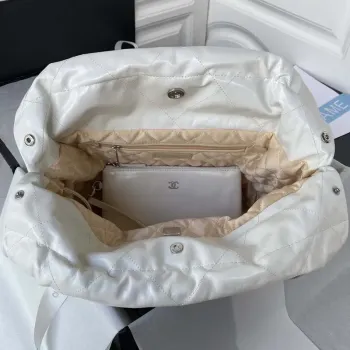 Chanel 22 Handbag Shiny Calfskin Gold AS3261 White with Silver Logo