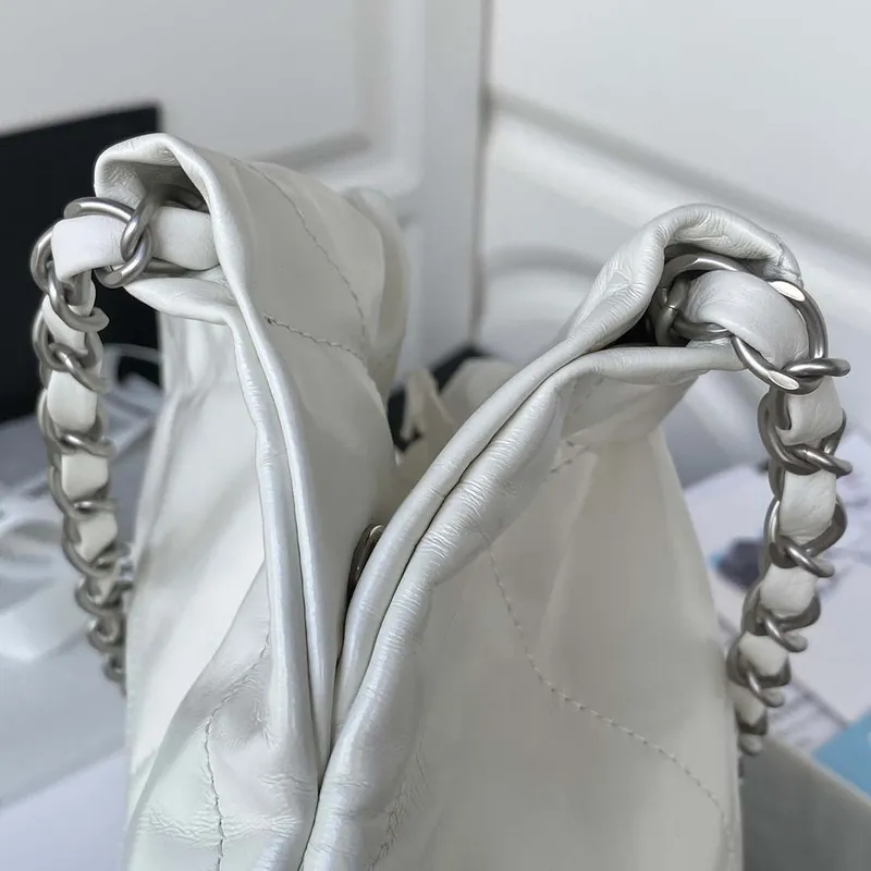 Chanel 22 Handbag Shiny Calfskin Gold AS3261 White with Silver Logo