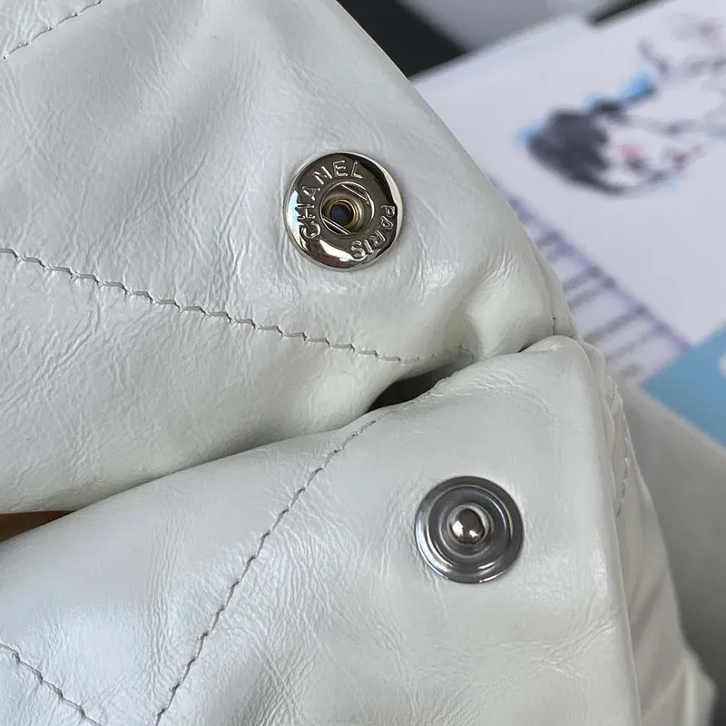 Chanel 22 Handbag Shiny Calfskin Gold AS3261 White with Silver Logo