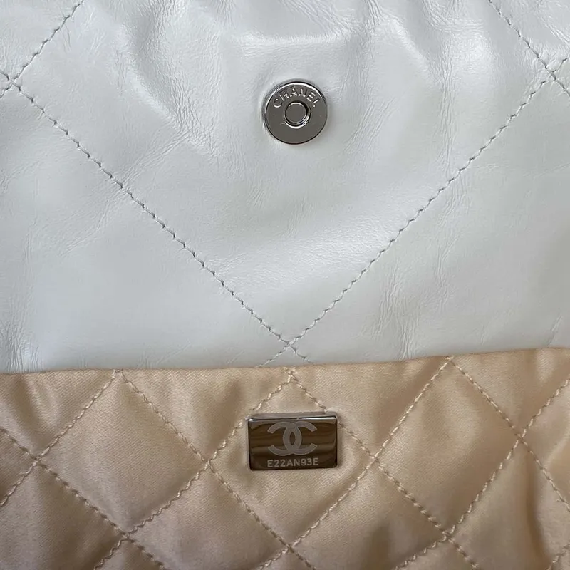 Chanel 22 Handbag Shiny Calfskin Gold AS3261 White with Silver Logo