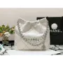 Chanel 22 Small Handbag Shiny Calfskin AS3260 White with Silver Logo