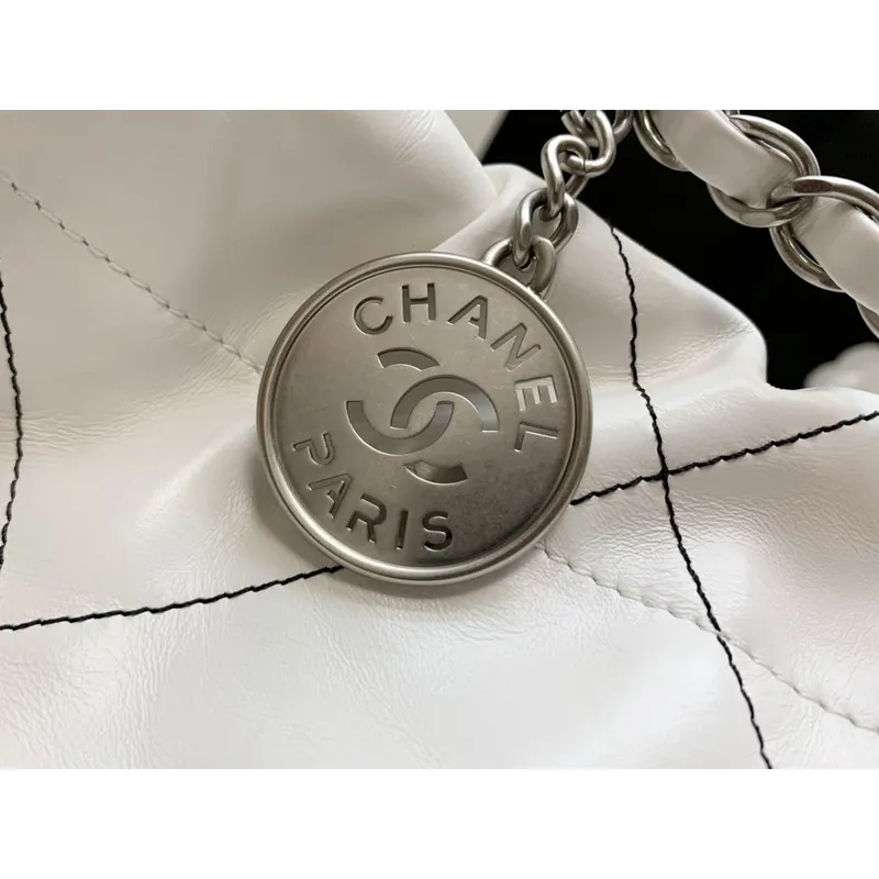 Chanel 22 Small Handbag Shiny Calfskin AS3260 White with Silver Logo