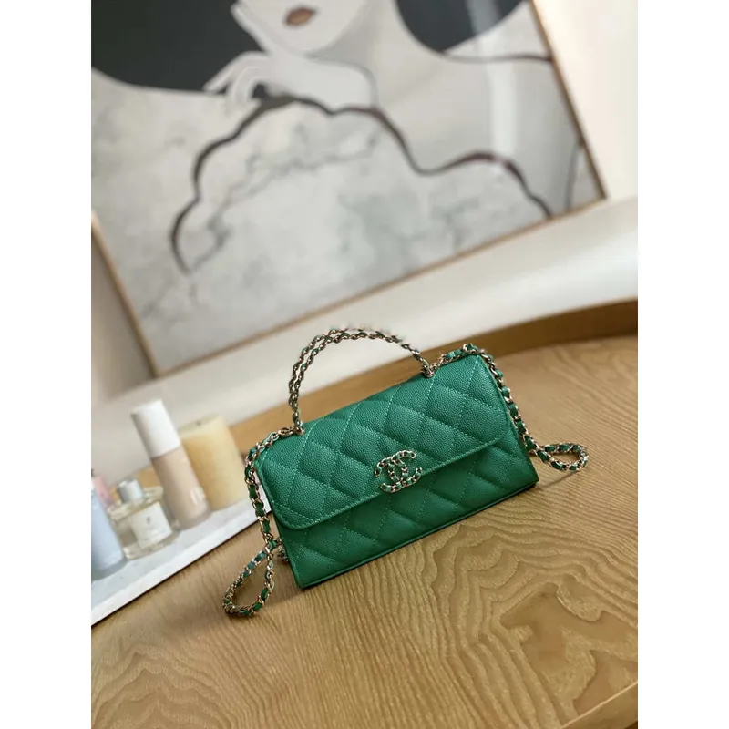 Chanel AP3238 Flap Chain Bag With Handle Green Calfskin Gold