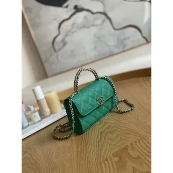 Chanel AP3238 Flap Chain Bag With Handle Green Calfskin Gold