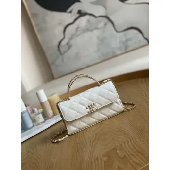 Chanel AP3238 Flap Chain Bag With Handle White Calfskin Gold
