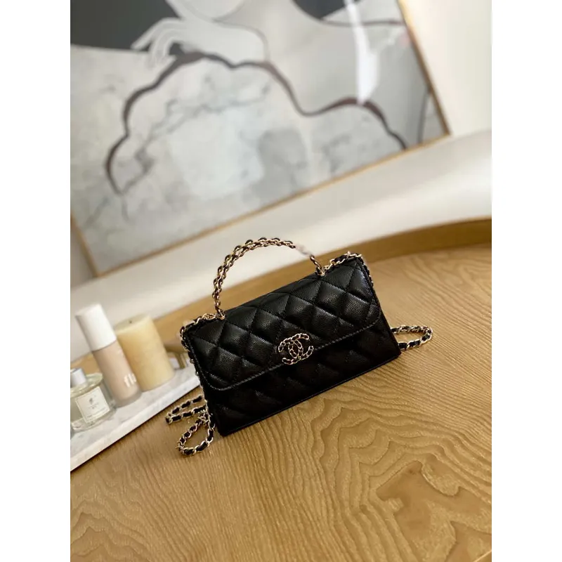 Chanel AP3238 Flap Chain Bag Black Calfskin Gold With Handle Bag