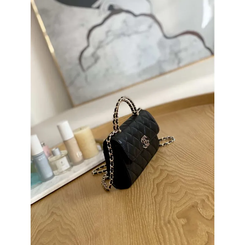 Chanel AP3238 Flap Chain Bag Black Calfskin Gold With Handle Bag