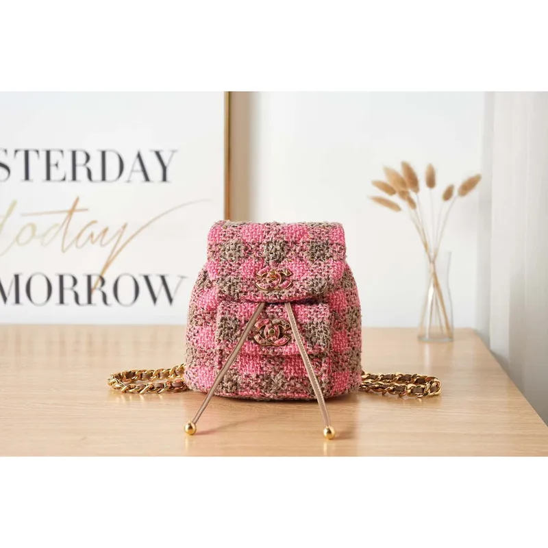Chanel AS3615 Backpack Wool Tweed & Gold Tone Metal Pink