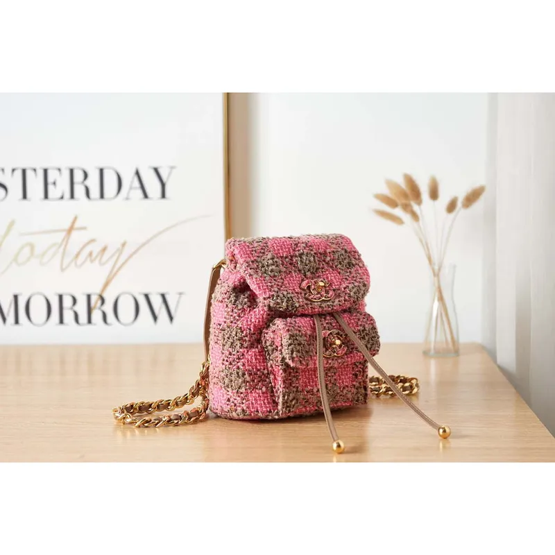 Chanel AS3615 Backpack Wool Tweed & Gold Tone Metal Pink