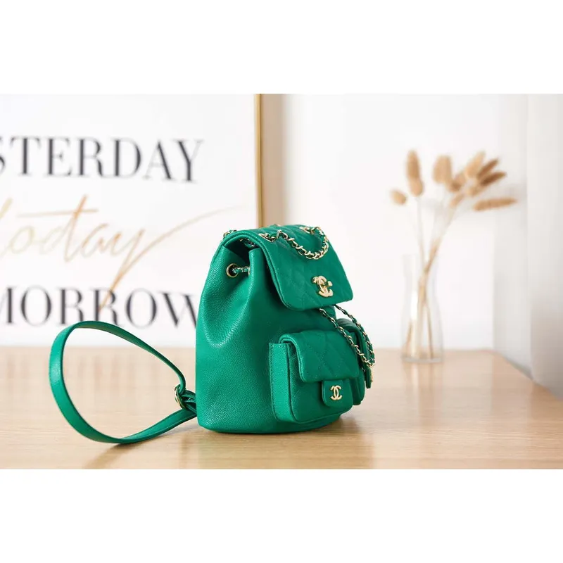 Chanel AS3860 Backpack Grained Shiny Calfskin & Gold Tone Metal Green